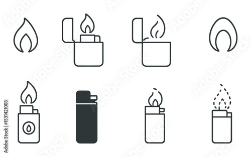 Lighter flame set. smoking accessory silhouette icons. match, campfire, candle vector icons.