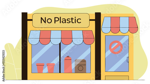 Colorful illustration of a storefront with a No Plastic sign, featuring vibrant awnings and containers, promoting eco-friendly practices and sustainability in a modern urban setting