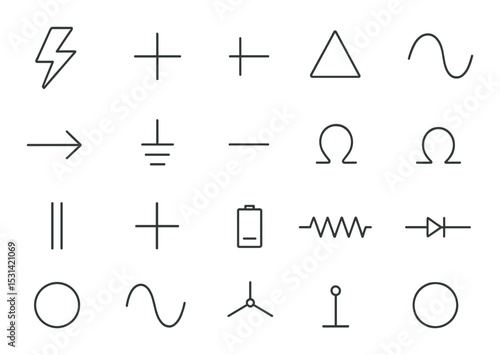 Electrical symbol set. circuit design linear icons: battery, resistor, diode vector icons.