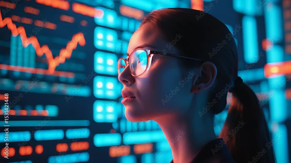 Woman Analyst Glasses Monitoring Stock Market Charts Data Screen Trading Finance Economy Growth
