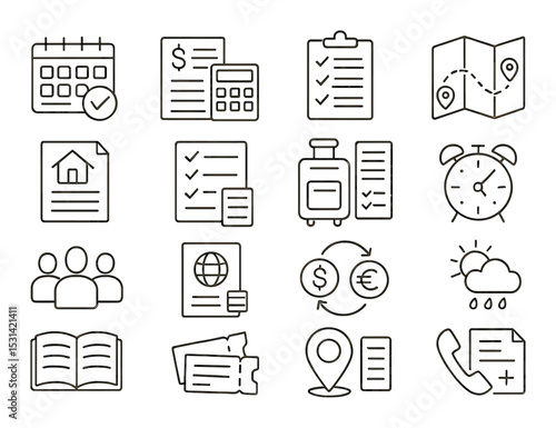 Business and office set. linear schedule, document, money, location vector icons.
