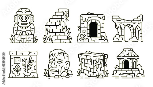 Ancient ruins set. archaeology linear icons. statue, archway, temple, wall, ruins vector icons.