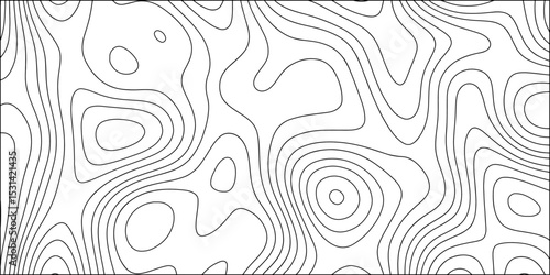 Abstract black and white contour line pattern resembling topographic or elevation map lines. Fluid, smooth curves vary in density and thickness, forming nested oval and circular structures. 