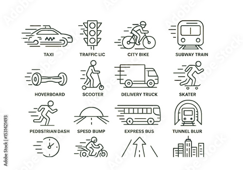Urban transport set. commuting linear icons. taxi, bike, train, bus, scooter vector icons.