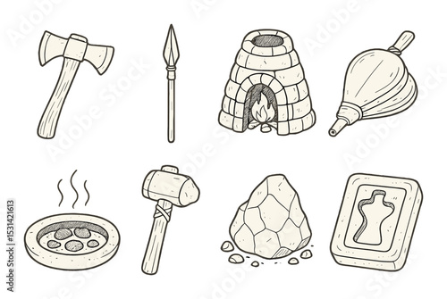 Primitive tool set. stone age flat ax, spear, kiln, bellows, hammer vector icons.
