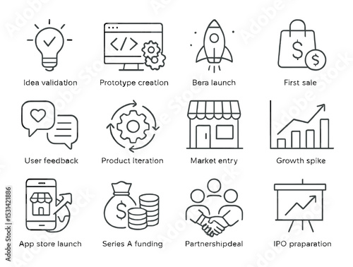 Business startup set. linear icons: launch, funding, growth, feedback, market, ipo vector icons.