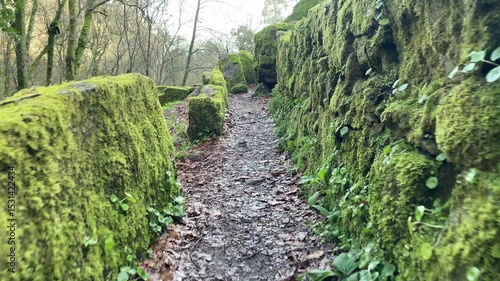Moving past mossy ruins in Northern Portugal. Ancient forest path.
