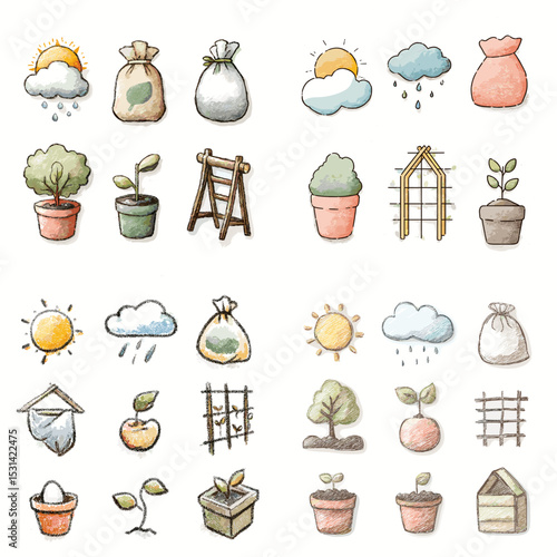 Watercolor icons of gardening tools, plant pots, seedlings, weather conditions, and farming symbols for eco, nature, or agricultural design needs.

