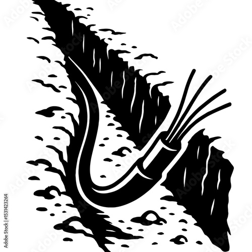 Black and White Fiber Optic Cable Laying in Trench Vector Illustration