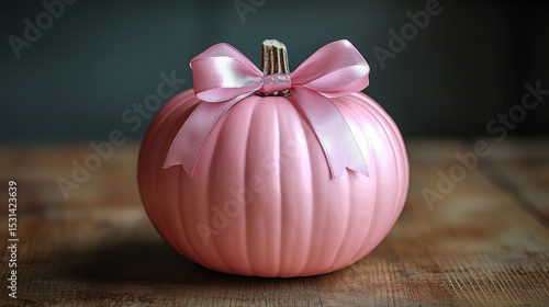 Pink pumpkin with ribbon on wooden table, decorative autumn