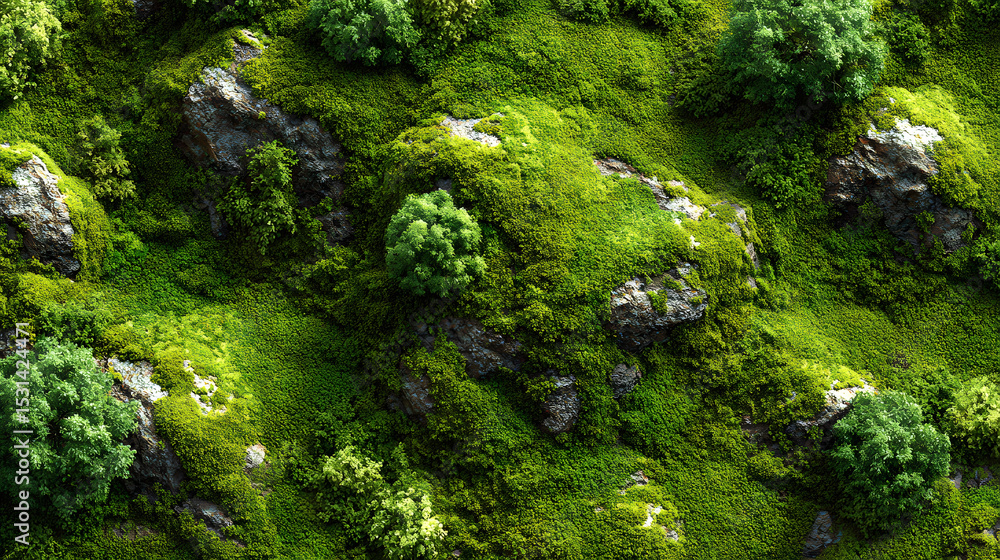 Fototapeta premium Aerial top view green moss seamless texture map pattern background