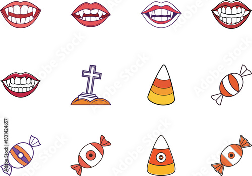 Halloween sticker sheet features vampire teeth, candy corn and Halloween themed wrapped candies