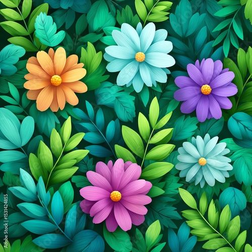 A vibrant pattern of colorful flowers and green leaves.