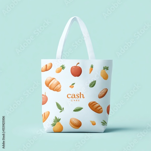 Colorful tote bag with fruit and vegetable illustrations.