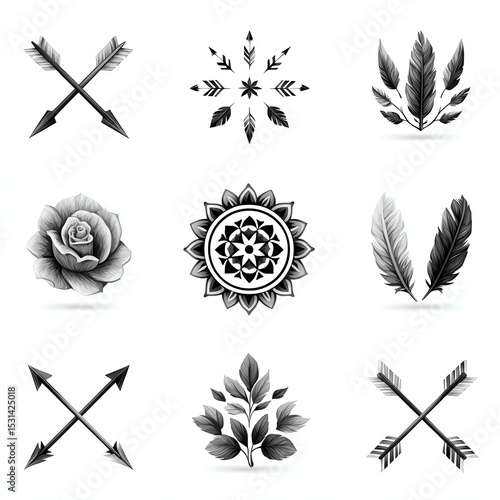 A collection of black and white artistic designs and motifs.