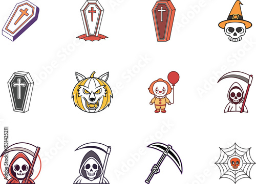 Spooky coffins and characters are ready for Halloween, displayed on transparent background for easy placement