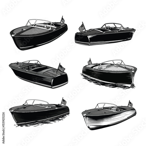 Vintage Wooden Speedboat Runabout Sketch Illustration Set