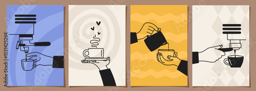 Set of coffee designs, hands making coffee on minimal background for posters, invitations, covers, menus and other templates. Vector illustration in doodle style