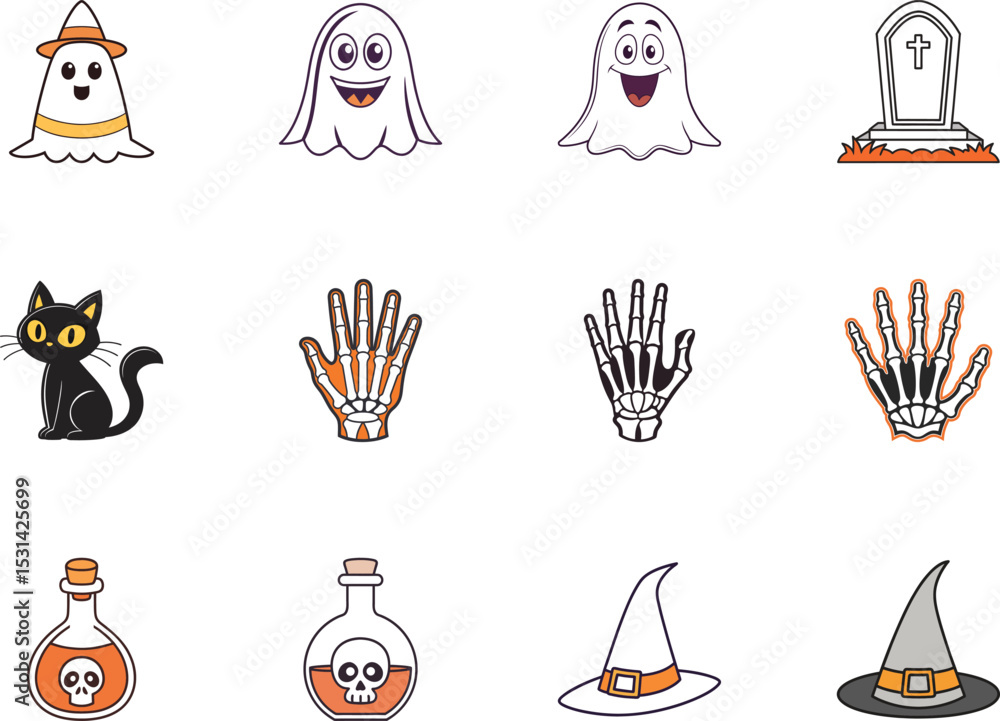 Fototapeta premium Spooky cartoon icons including smiling ghosts, skeleton hands, gravestone, black cat, and witch hats on white