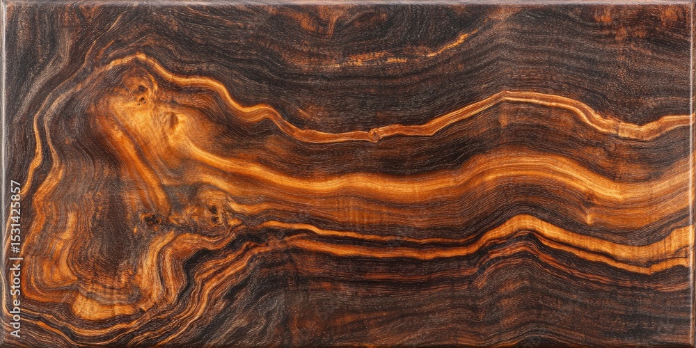 Rich, dark wood with swirling, golden veining Rich, dark wood with swirling, golden veining