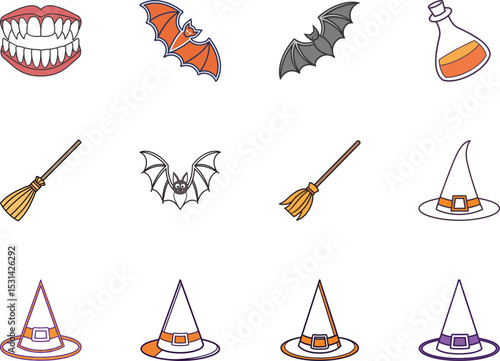 Cartoon set showcases spooky Halloween icons like bats, witch hats, broomsticks, potions, and dentures on transparent background