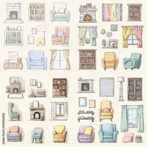 Hand-drawn pastel of cozy living room furniture including sofas, chairs, bookshelves, curtains, windows, and fireplaces for interior design themes.

