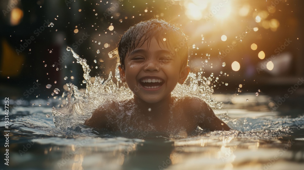 Obraz premium A joyful boy splashes in the water in a swimming pool.