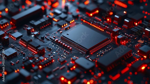 Close-up view of a circuit board glowing with red lights and intricate components