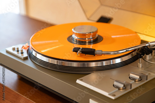 Photos Vintage Stereo Turntable Record Player With Colored Disk and Weight Clamp Sittin