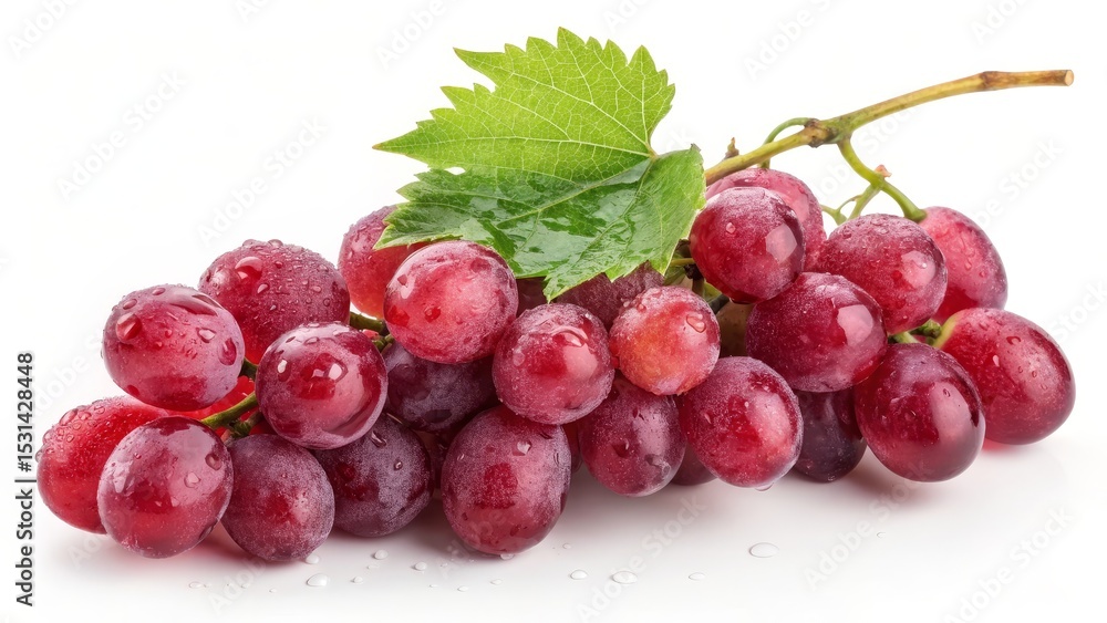 Fototapeta premium Fresh Red Grapes with Dew Drops Close-up Photography, Cluster Composition, Vibrant Color, Fruit Still Life Red Grapes, Still Life Photography