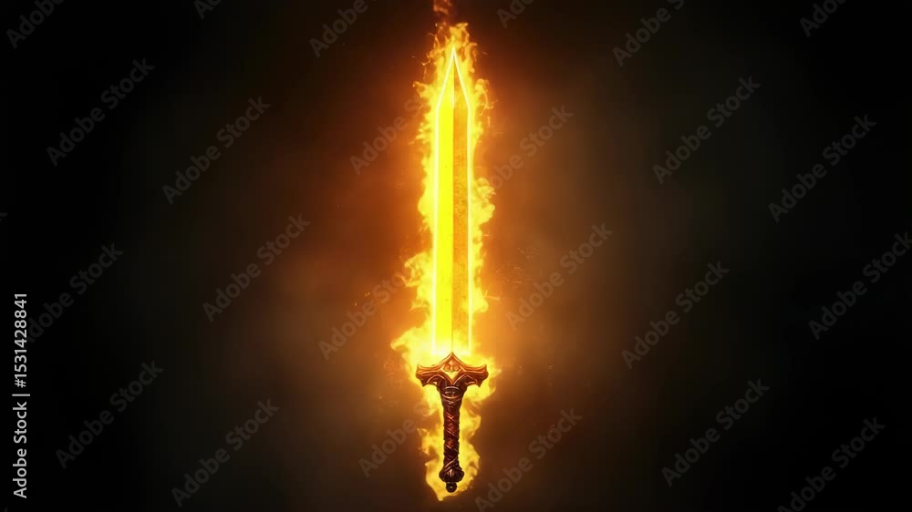 Epic flaming sword animation set against a dark background suitable for fantasy projects