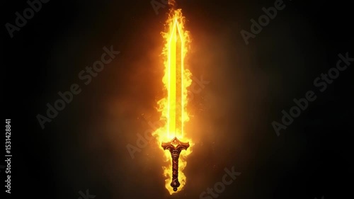 Epic flaming sword animation set against a dark background suitable for fantasy projects