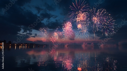 Spectacular fireworks illuminate the twilight sky reflected in tranquil water