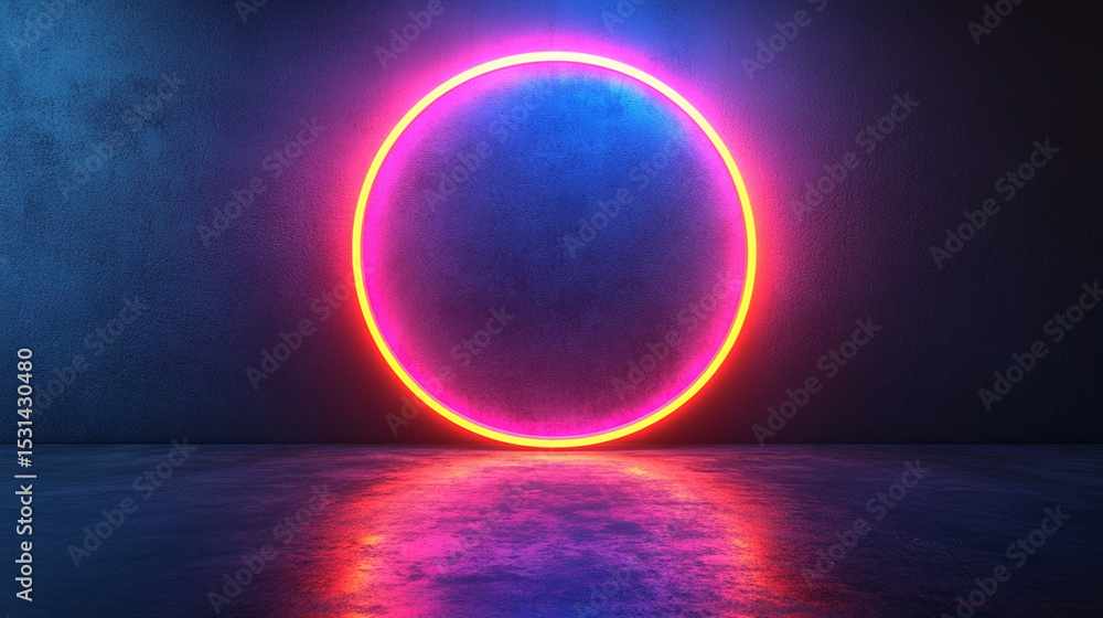 Neon circle glowing on grunge wall in dark room, backdrop use Neon circle glowing on grunge wall in dark room, backdrop use