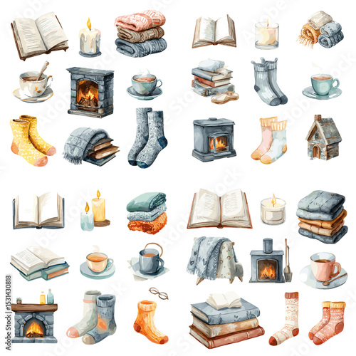 Warm watercolor illustrations of cozy home elements including books, socks, tea, blankets, and fireplaces for hygge and winter relaxation themes.

