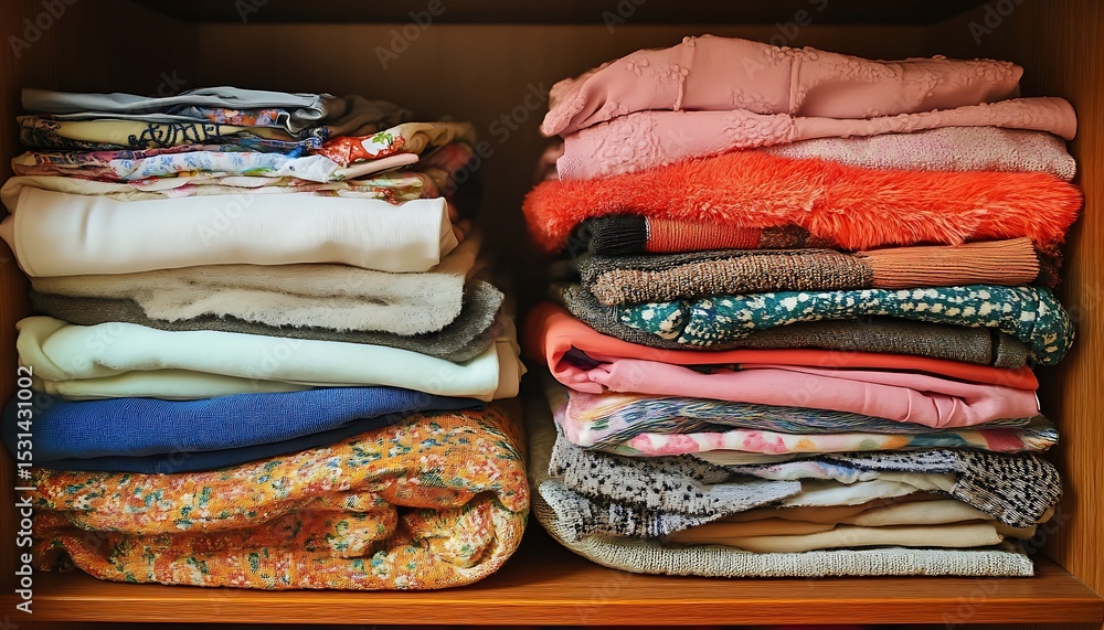 Closet with a stack of warm sweaters in the wardrobe Closet with a stack of warm sweaters in the wardrobe