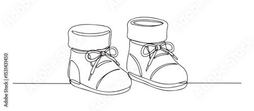 Minimalist line art of baby booties with bow on a white background for nursery decor