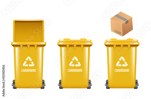 Recycling Bins for cardboard. Container for paperboard. Yellow trash can. Vector illustration isolated on white background.