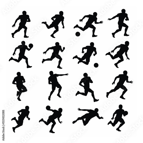 American football player silhouettes action poses set