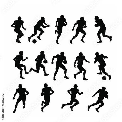 American football player silhouettes action poses set