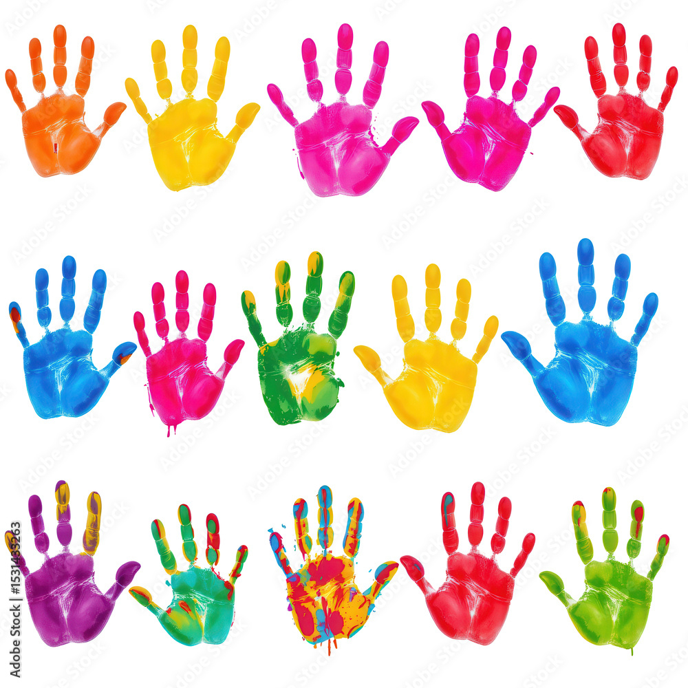 Fototapeta premium Colorful handprints on white background showcasing creativity and diversity in artistic expression for children