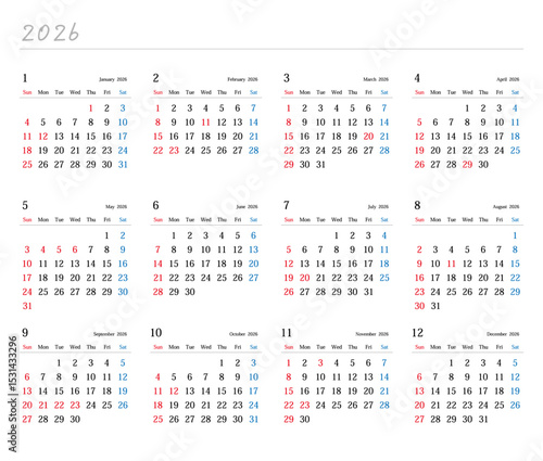 2026年の日本の年間カレンダー	