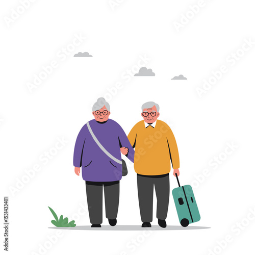 Elderly couple traveling together while holding hands with suitcase  
