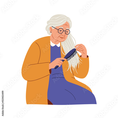 Elderly woman brushing her hair while sitting in a cozy chair indoors  