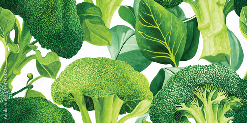 Vibrant Green Broccoli and Leafy Greens Seamless Pattern. Fresh Healthy Vegetable Food Design for trendy textile, packaging, fabric, wallpaper, branding, stationery, wrapping paper interior decor.