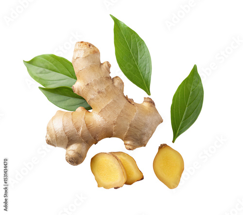 Fresh ginger root with green leaves for health benefits and culinary use on black background close up view