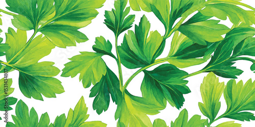 Green Parsley Herb Watercolor Seamless Pattern. Fresh Culinary Ingredient Botanical Design for trendy textile, packaging, fabric, wallpaper, branding, stationery, wrapping paper interior decor.