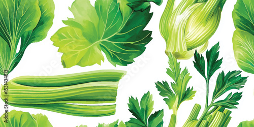 Green Celery Parsley Herb Watercolor Seamless Pattern. Fresh Culinary Ingredient Botanical Design for trendy textile, packaging, fabric, wallpaper, branding, stationery, wrapping paper interior decor