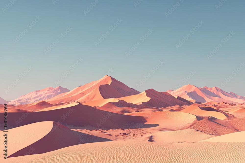 Naklejka premium Vast desert landscape with reddish dunes and mountains under a pale blue sky