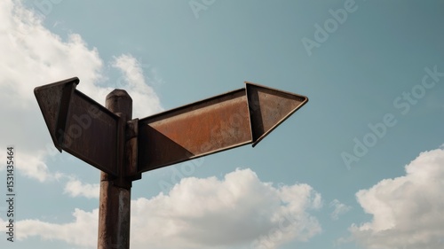 A rusted metal signpost with directional arrows stands against a light blue sky with scattered clouds